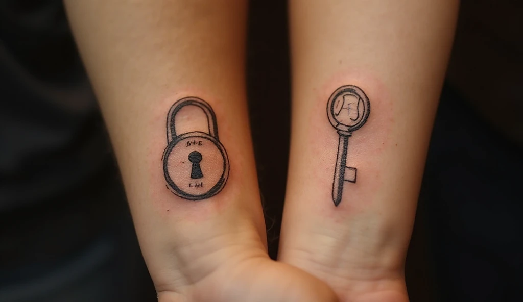 “Lock and key couple tattoos on forearms — minimalist outline style symbolizing trust and eternal love.”