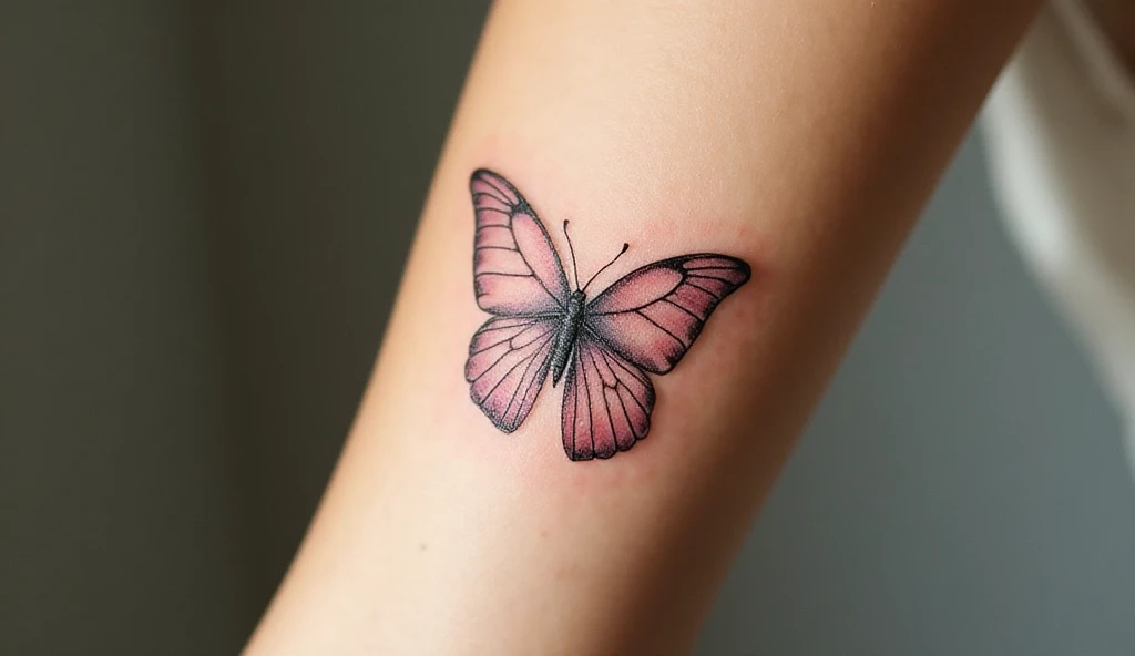 Butterfly tattoo on female forearm symbolizing freedom and rebirth – minimalist pastel tattoo design 2025.