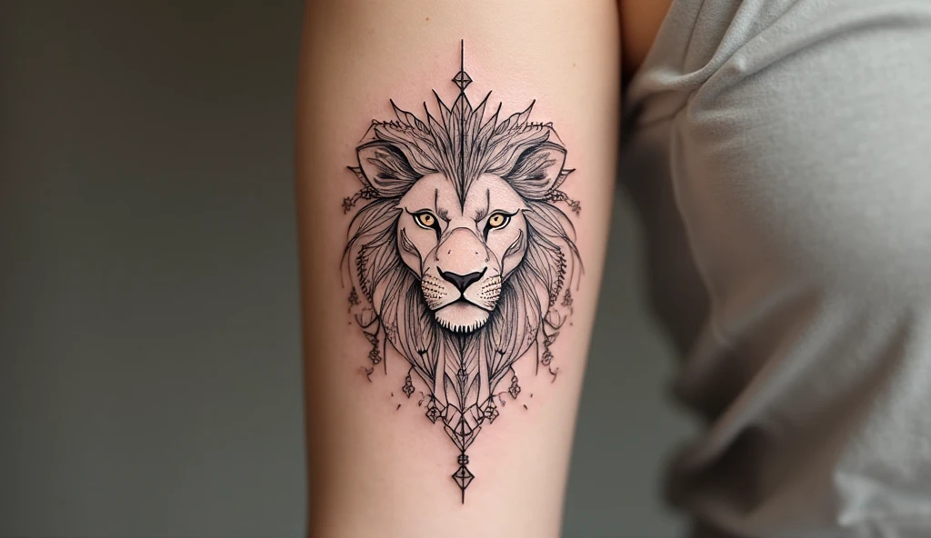 Lion tattoo for women representing strength and confidence – fine-line forearm tattoo design.