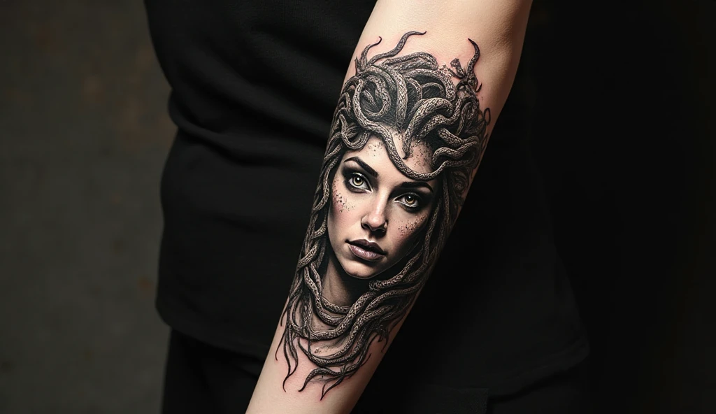 Medusa tattoo for women representing feminine power and transformation – bold fine-line forearm tattoo.