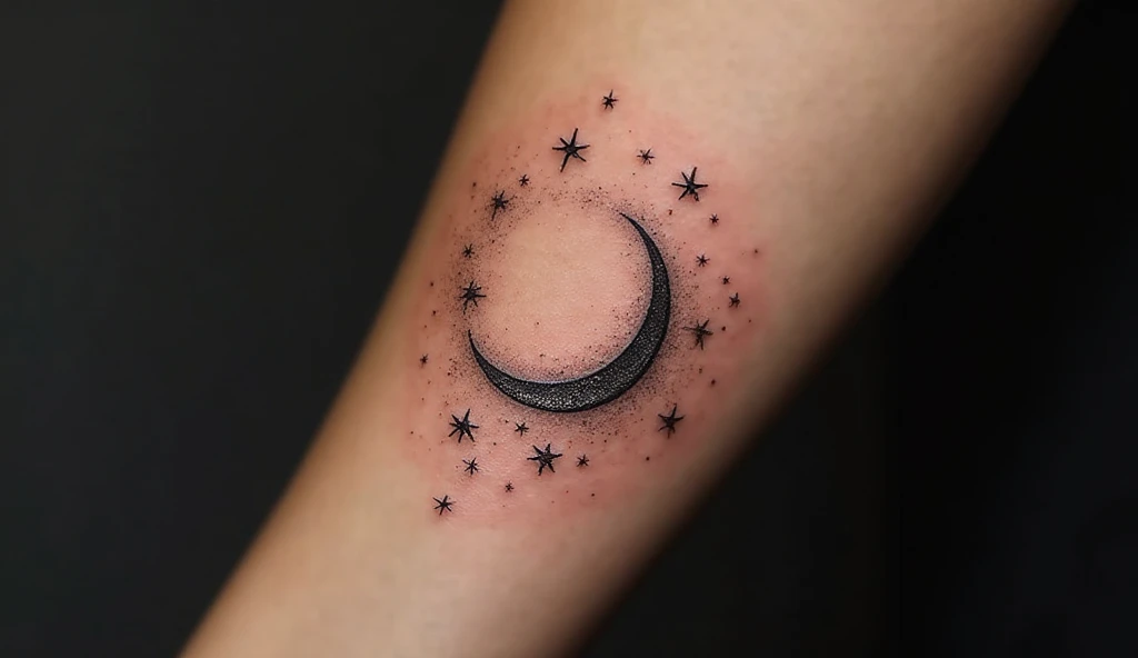 Crescent moon tattoo for women symbolizing femininity and change – elegant forearm design.