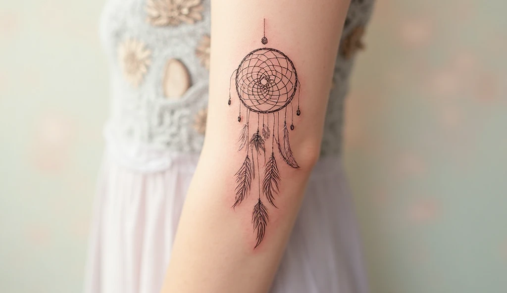 Dreamcatcher tattoo design for women symbolizing peace and protection – fine-line forearm tattoo.
