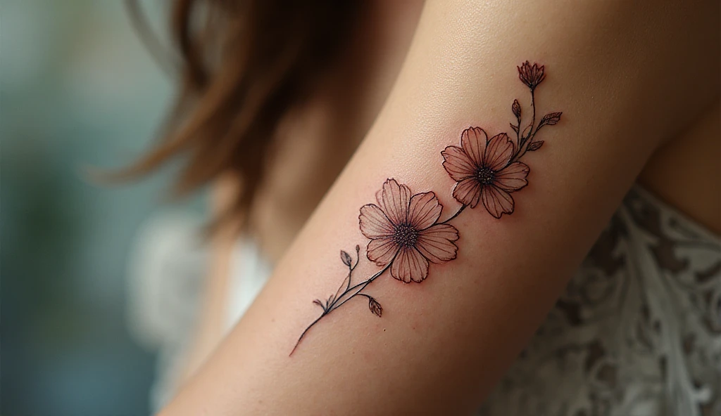 Twin flower forearm tattoo – delicate girlish tattoo design with fine-line petals symbolizing harmony and strength.
