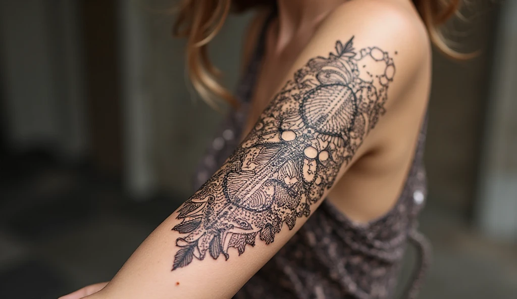 Lace-inspired girlish tattoo design on forearm with fine micro-dot detailing symbolizing elegance and strength.