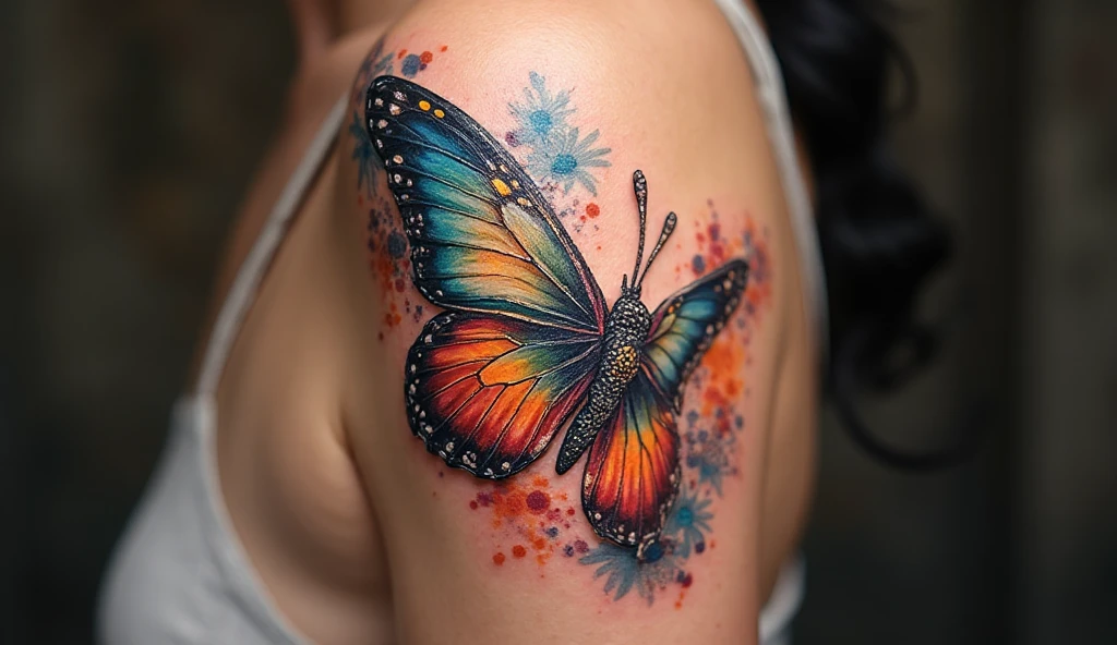 Butterfly tattoo on forearm – colorful girlish tattoo design representing transformation and self-acceptance.