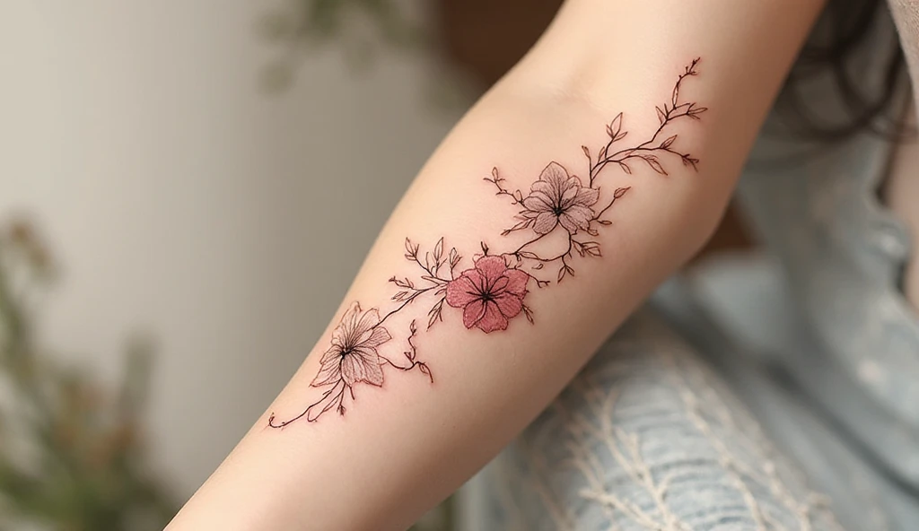 Flora flow tattoo – nature-inspired girlish tattoo design with flowing vine and small blossoms symbolizing life and motion.