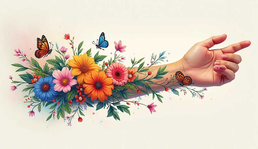 Summer garden tattoo – vibrant girlish tattoo design with butterflies and flowers representing joy and positivity.