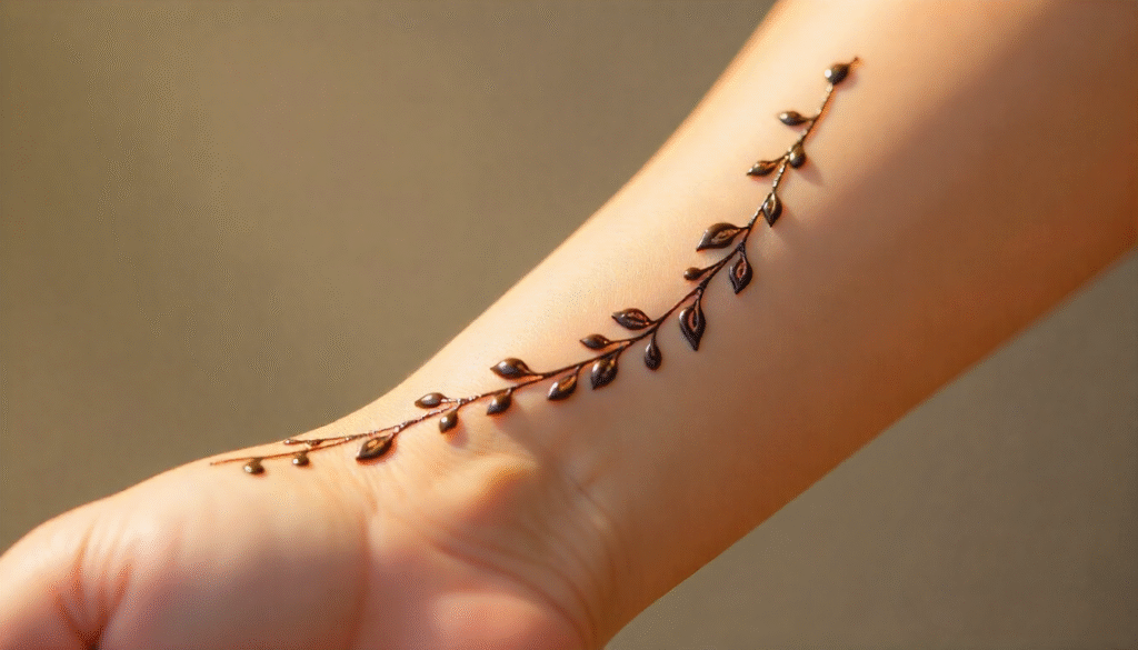 Close-up of girl’s forearm with cascading henna tattoo of leaves and petals flowing from wrist downward.