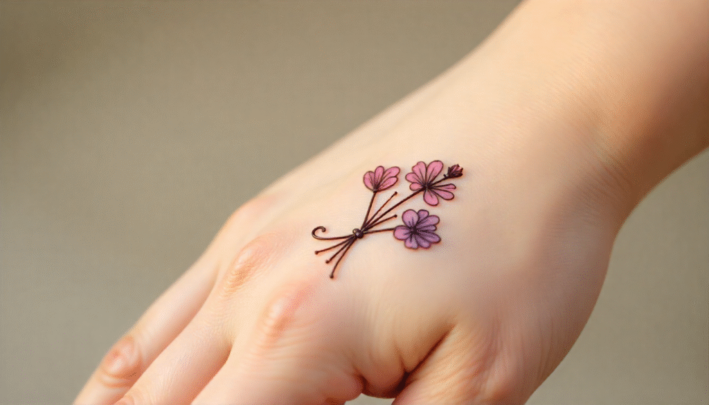 Close-up of girl’s side palm with tiny bouquet henna tattoo showing rose, daisy, and lavender tied by a ribbon.