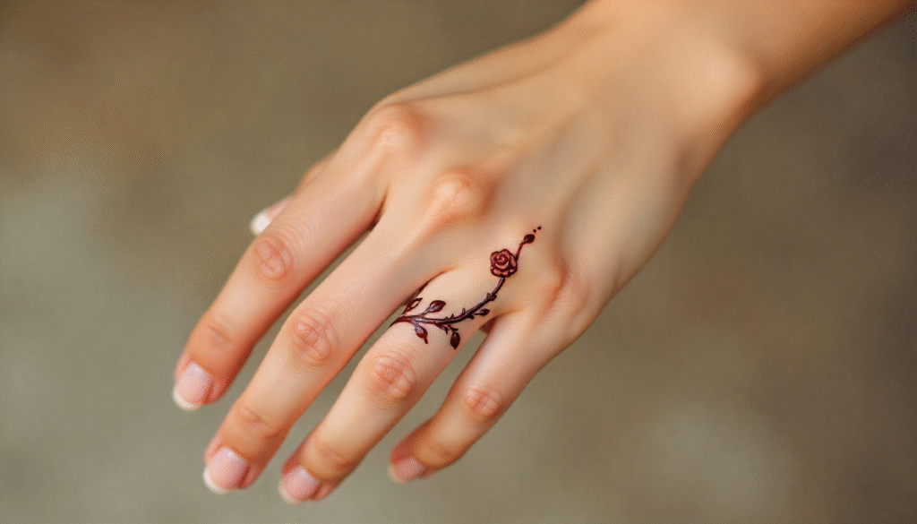 Close-up of girl’s ring finger with elegant rose vine henna tattoo featuring tiny thorns in light brown tone.