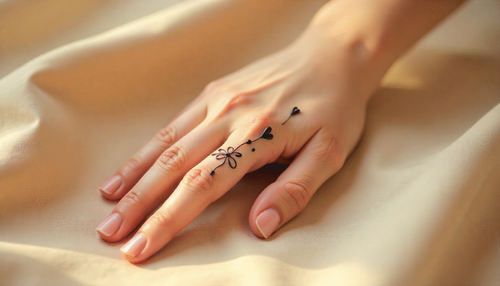 Close-up of a girl’s hand with scattered petal henna tattoo across fingers and palm, showing delicate floral design.