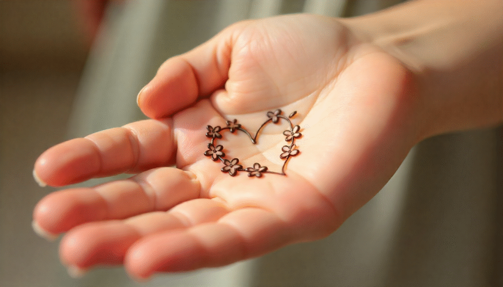 Close-up of girl’s palm with heart-shaped floral henna tattoo made of tiny forget-me-nots and daisies.