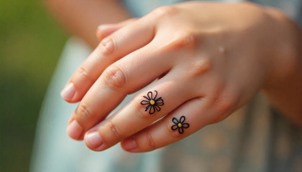 Close-up of girl’s fingertips with tiny henna flower tattoos like violets and daisies, creating a playful floral design.