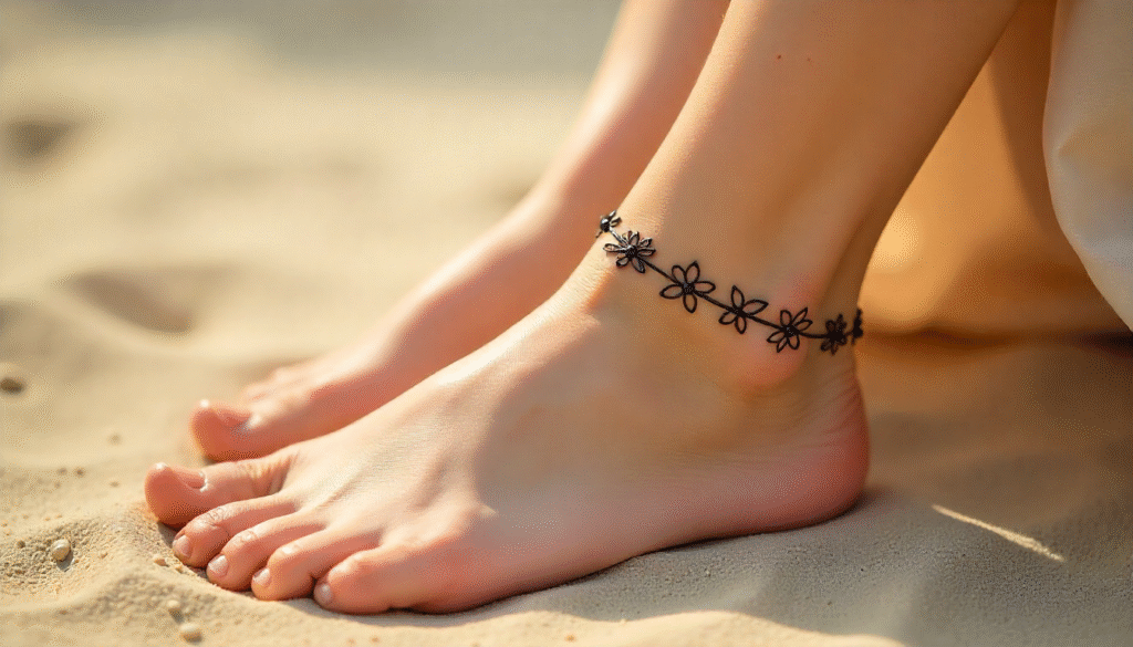 Close-up of girl’s ankle with floral henna band featuring tulips and lilies forming a delicate anklet design.