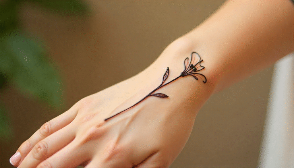 Close-up of girl’s back hand with henna lily tattoo extending from wrist to fingers, showing elegant floral design.