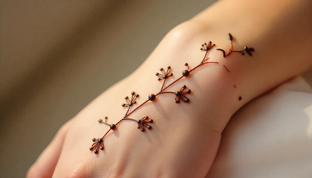 Close-up of girl’s wrist with henna tattoo cuff made of scattered peony petals forming a delicate bracelet.