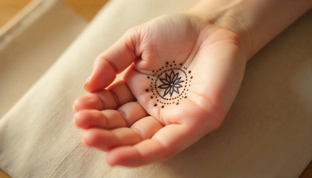 Close-up of girl’s palm with lotus pond henna tattoo showing dotted ripples and floating petals.