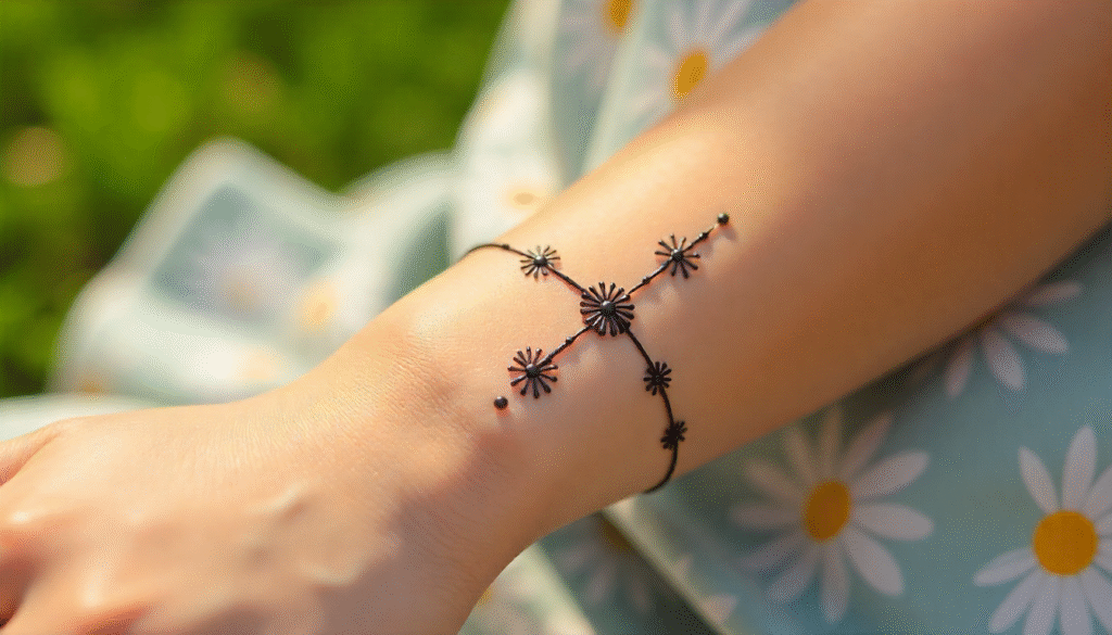 Close-up of girl’s forearm with daisy chain henna tattoo forming a delicate bracelet design.