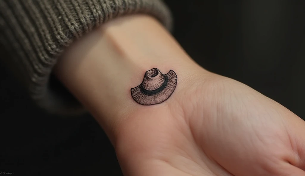 Tiny cowboy hat tattoo on wrist, fine-line minimalist black ink, symbolizing adventure and independence.
