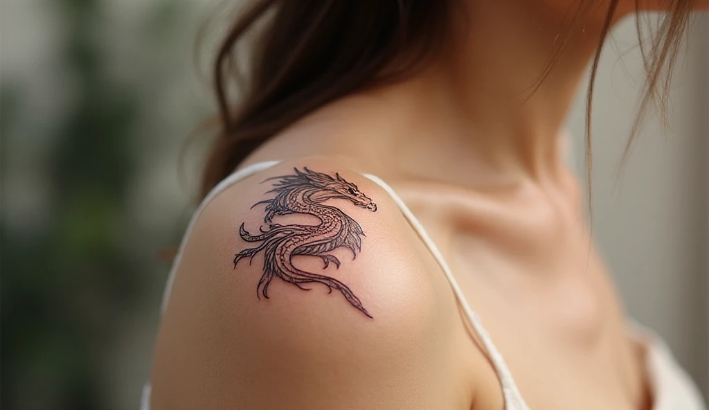 Elegant small dragon tattoo on the shoulder in fine-line or minimalist style, symbolizing courage and strength. Soft feminine skin tone, natural pose.
