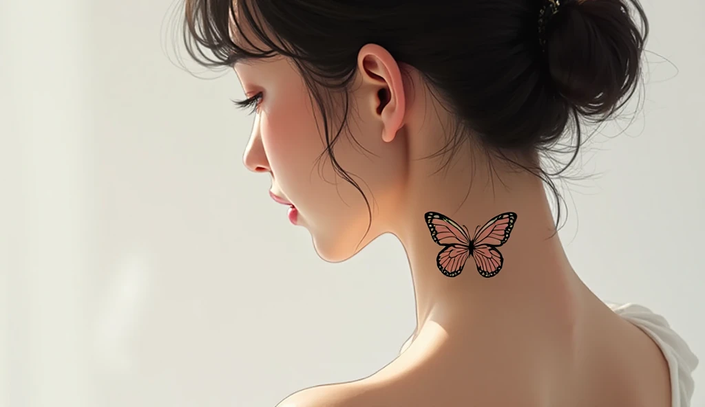 Delicate butterfly tattoo behind woman’s ear, minimalist fine-line wings, feminine and symbolic of transformation.