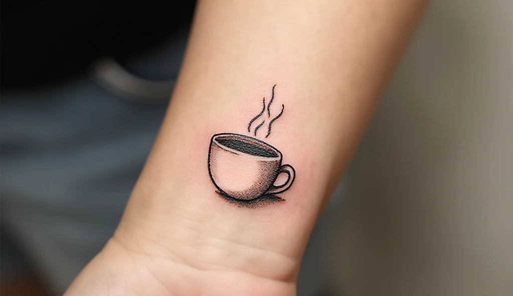 Minimalist coffee cup tattoo with steam lines on wrist, fine-line black ink, cozy and simple design for coffee lovers.