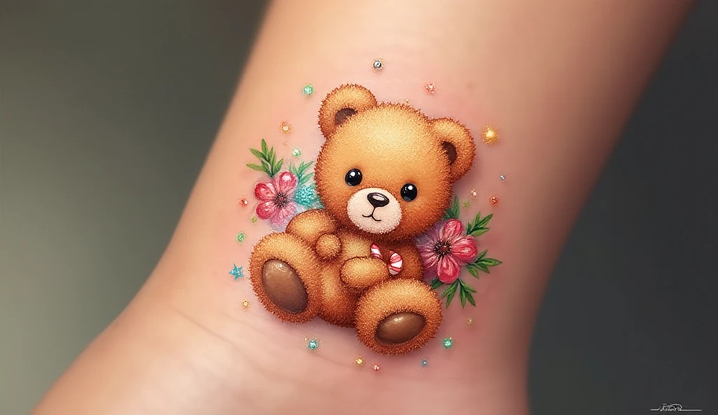 Cute tiny teddy bear Christmas tattoo on wrist, wearing a Santa hat or holding candy cane, colorful yet delicate design.