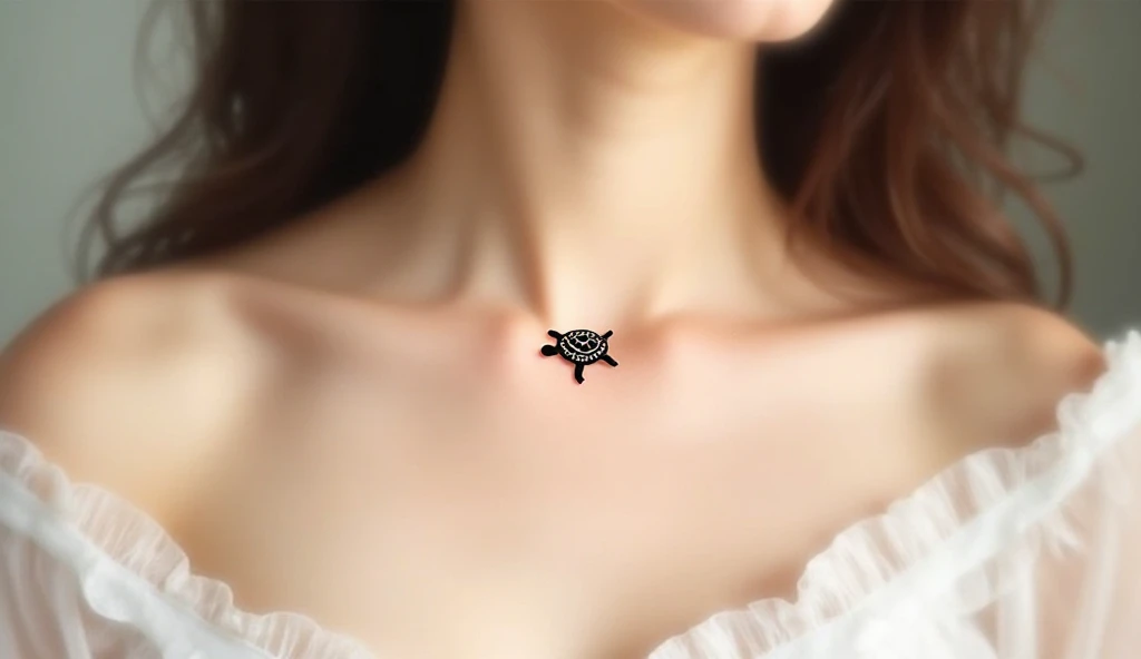 Tiny turtle tattoo on collarbone, minimalist fine-line design symbolizing patience and wisdom. Soft feminine aesthetic.