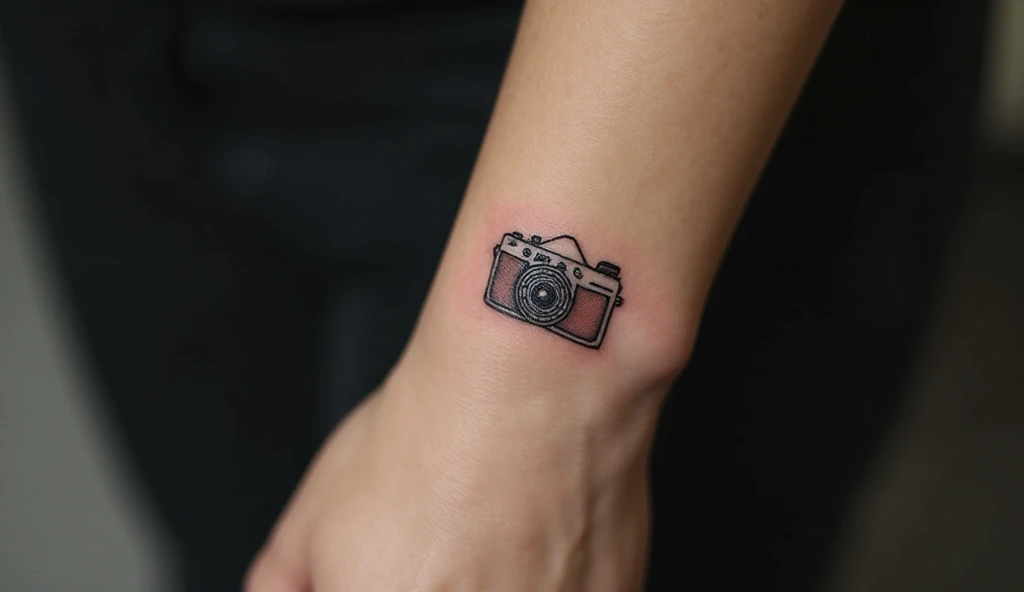Fine-line minimalist camera tattoo on the wrist, simple and modern, representing creativity and memories. Focused shot of wrist tattoo.