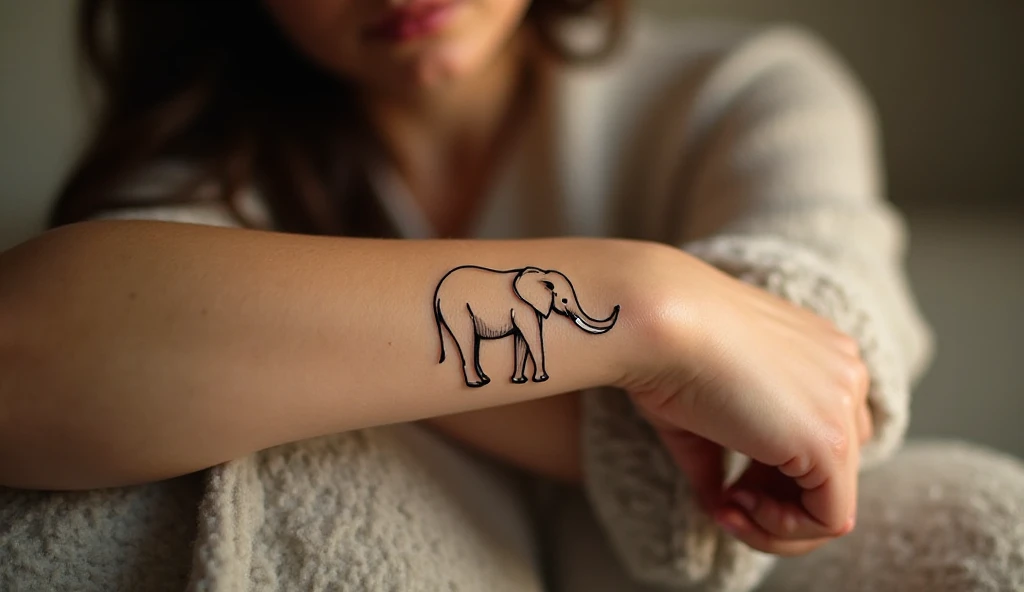Minimalist elephant outline tattoo on a woman’s wrist, fine-line style symbolizing loyalty and family strength. Soft neutral lighting.