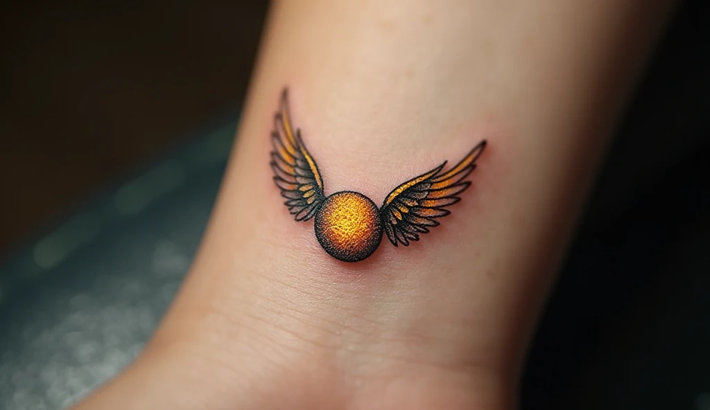 Close-up of a small Golden Snitch tattoo with delicate wings on wrist, fine-line minimalist design inspired by Harry Potter, magical aesthetic.