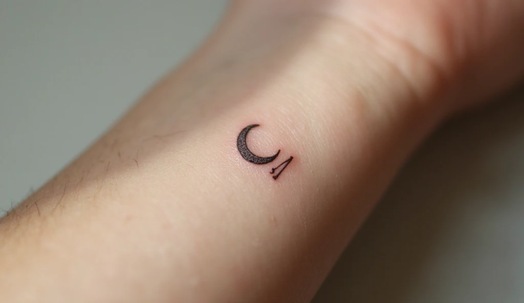 Tiny crescent moon with an initial beside it on wrist, minimal fine-line feminine tattoo, subtle and symbolic. Close-up composition.