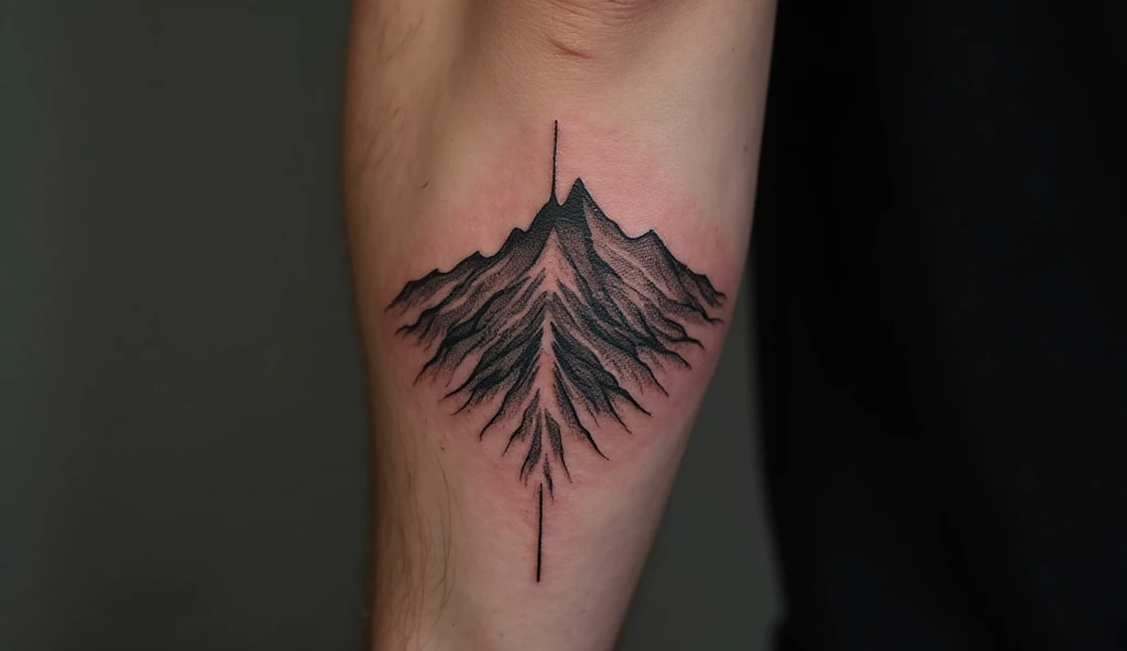 Realistic forearm tattoo of a geometric fractal mountain design with repeating peaks and fine black line work on a handsome male arm