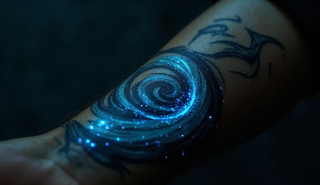 Forearm tattoo of a glowing spiral ocean wave with blue and white bioluminescent dots, symbolizing light and emotional renewal.