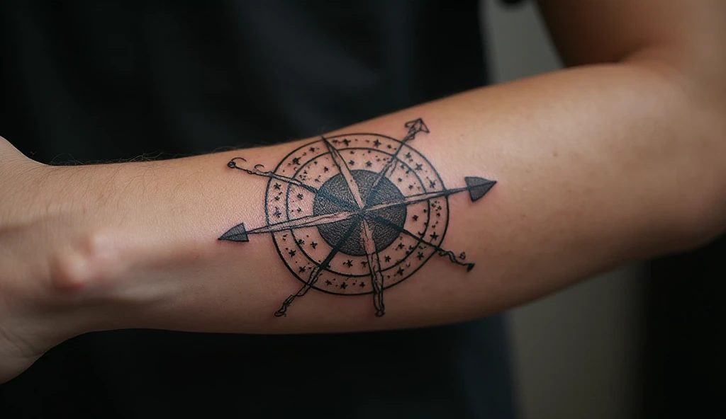 Detailed forearm tattoo showing a constellation maze blended with a compass design, representing cosmic guidance and exploration.