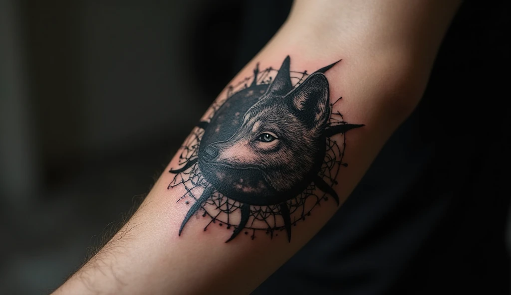 Close-up of a forearm tattoo featuring a fragmented mandala forming a wolf’s single eye in black and gray ink, symbolizing balance in chaos.