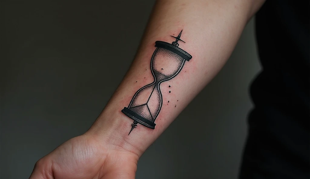 Forearm tattoo of a minimalist hourglass mirrored at its base, creating a time-bending illusion with soft gray-white portal glow.
