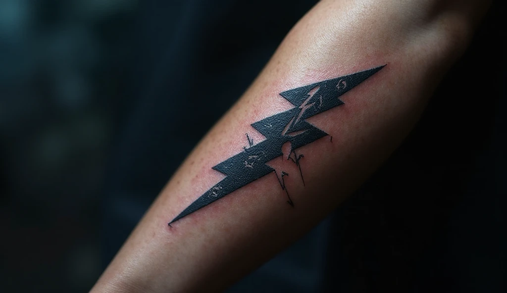 Forearm tattoo of a sharp lightning bolt fractured into ancient runes, inked in bold black lines to represent wisdom and ancestral energy.