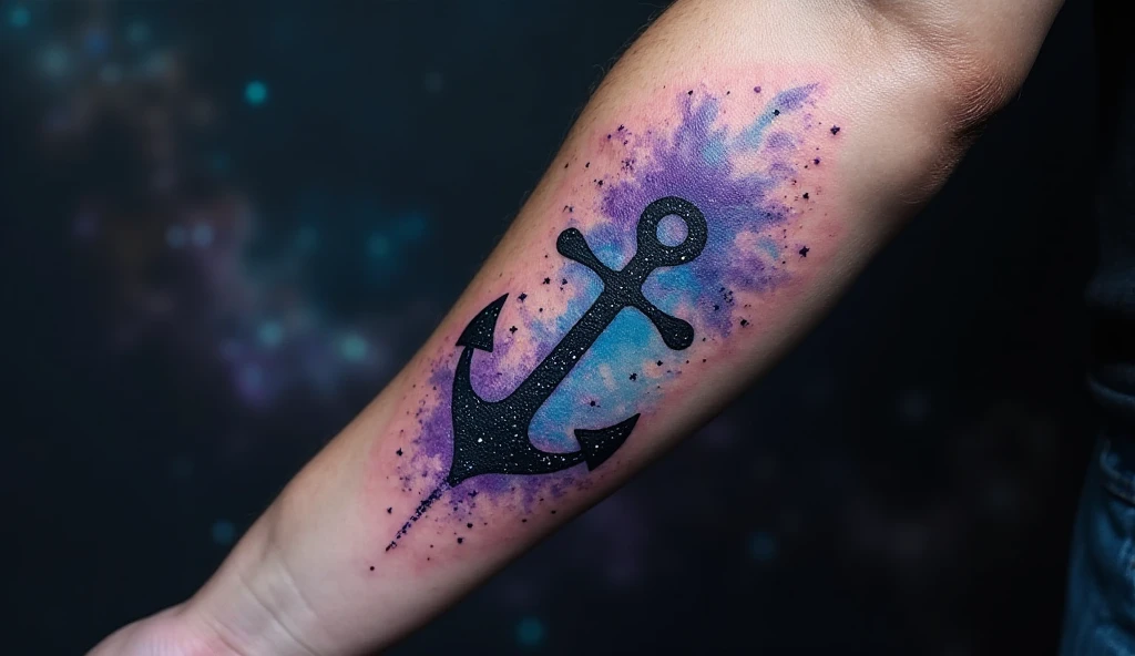 Forearm tattoo of a dissolving anchor fading into a watercolor nebula cloud with violet and blue hues, symbolizing grounded dreams.