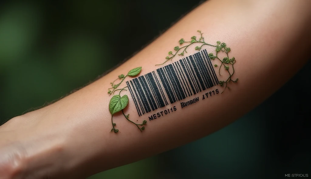 Forearm tattoo showing green vines entwined through a black barcode, blending nature and technology for an eco-digital look.
