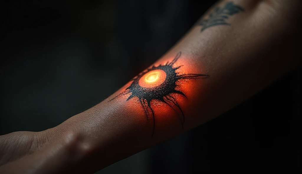 Forearm tattoo of a dragon scale glowing like an ember under eclipse light, detailed with fine gradients and soft circular glow.