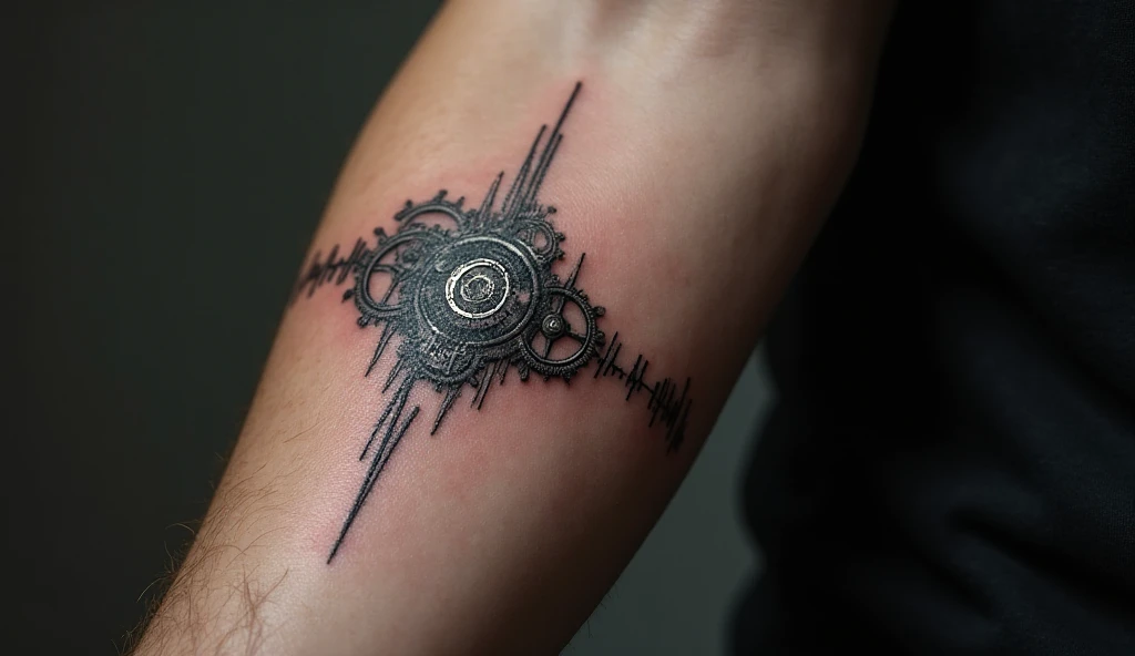 Forearm tattoo of a thin heartbeat line merging into interlocking gears, designed in black and gray realism with metallic shading.