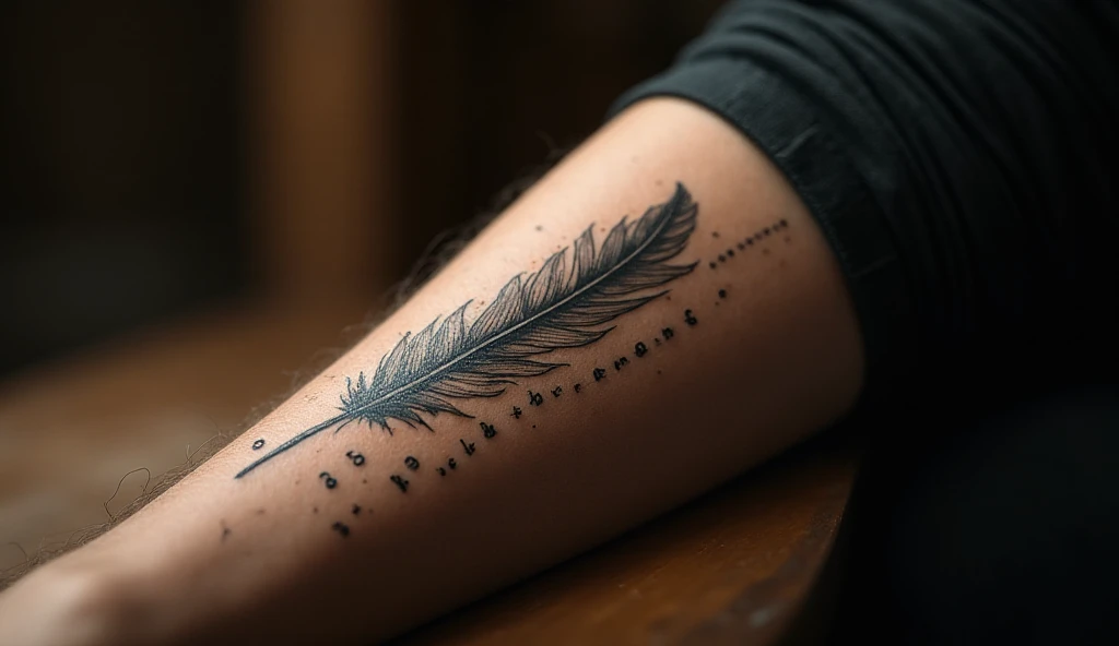 Forearm tattoo of an elegant feather transforming into a quill and fading into tiny micro-script, inked in black and sepia tones.