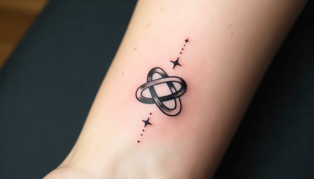 Celestial knot small tattoo for men, Celtic knot with shooting star design symbolizing eternity, balance, and wonder