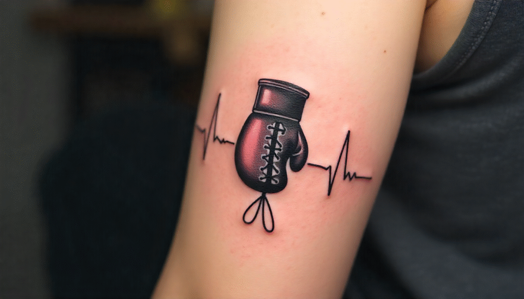 Shadow boxer glove small tattoo for men, minimalist design with heartbeat line symbolizing resilience and inner strength