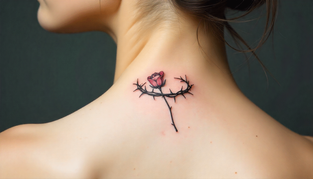 Crown of thorns small tattoo with rosebud for men, fine-line black design symbolizing healing, resilience, and growth