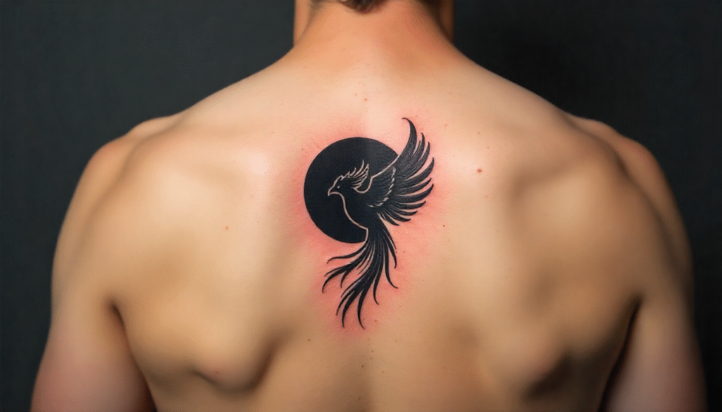 Eclipse phoenix small tattoo for men, minimalist black design symbolizing rebirth, resilience, and transformation from darkness