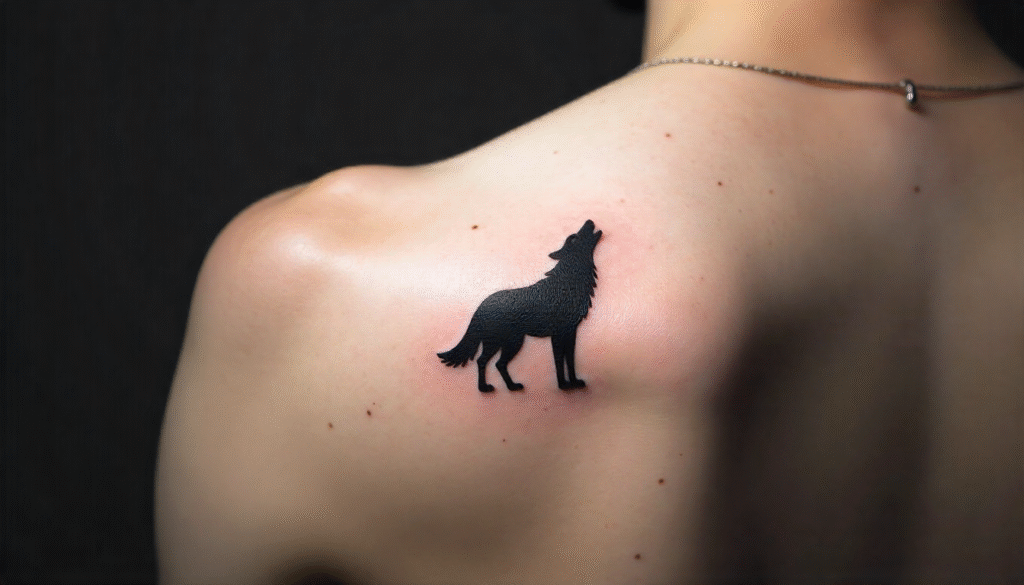 Silent wolf howl small tattoo for men, minimalist black line design symbolizing quiet strength, courage, and solitude