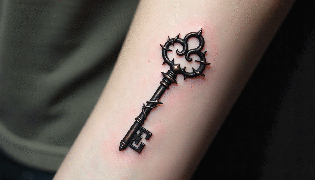 Vine-wrapped key small tattoo for men, fine-line black design symbolizing growth, struggle, and unlocking potential
