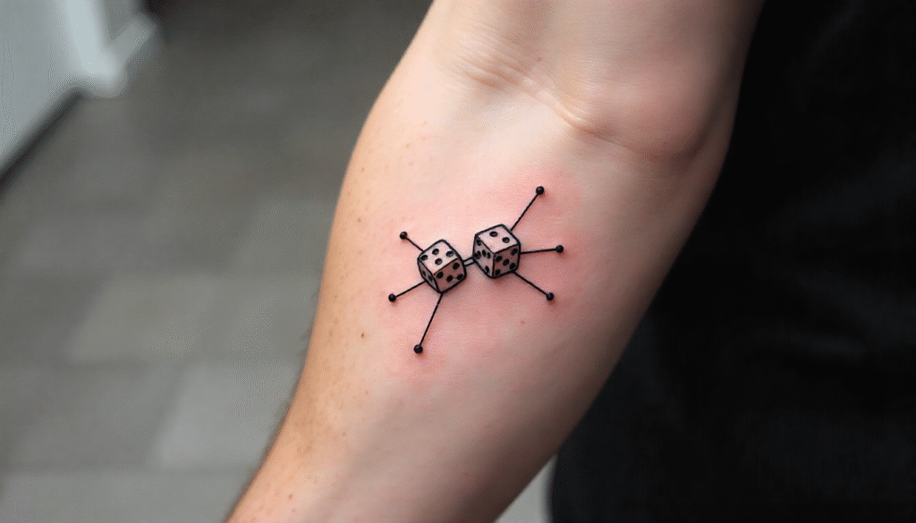 Quantum dice small tattoo for men, minimalist fine-line design symbolizing balance between chance, fate, and connection